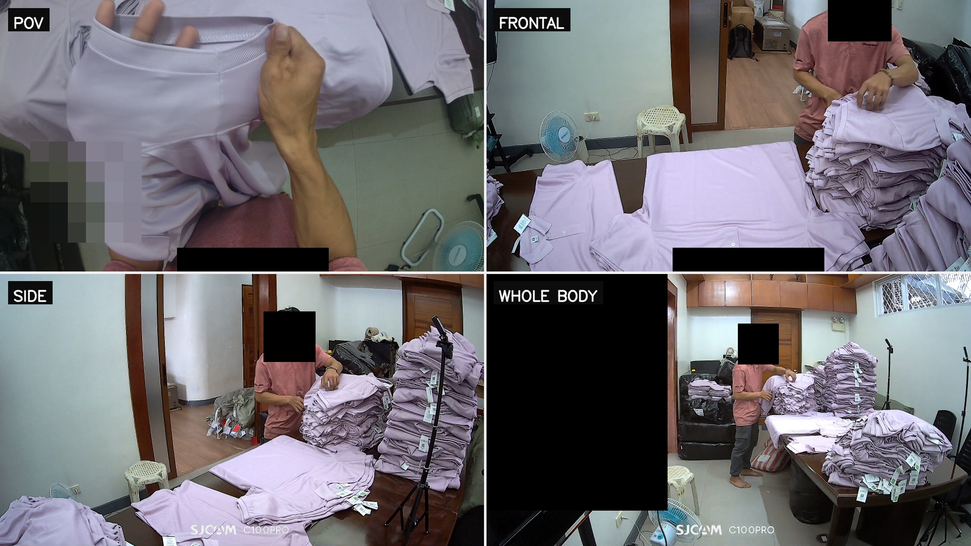 Commercial garment inspection and sorting shown across actor POV and frontal, side, whole-body